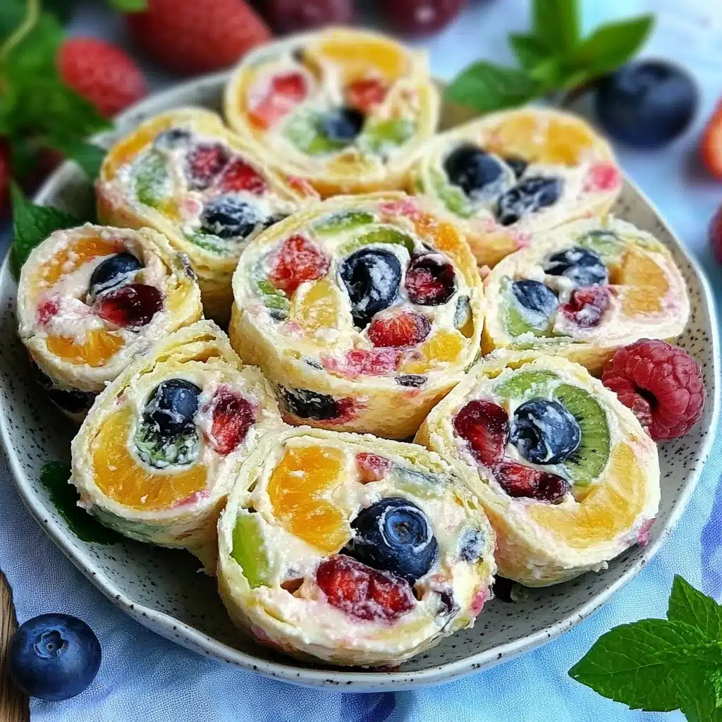 an assortment of fruit salad rolls on a plate with the words summer fruit salad roll ups