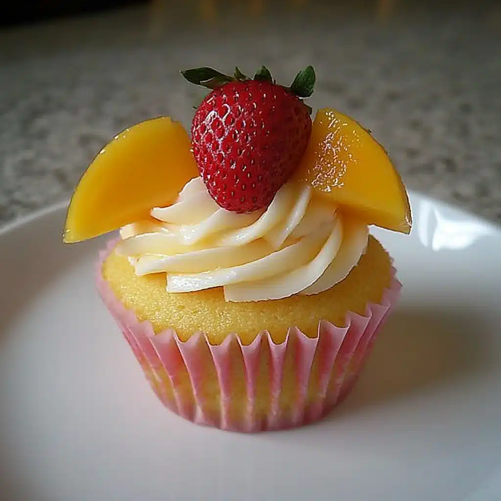 two pictures showing different types of cupcakes with strawberries and mango on top