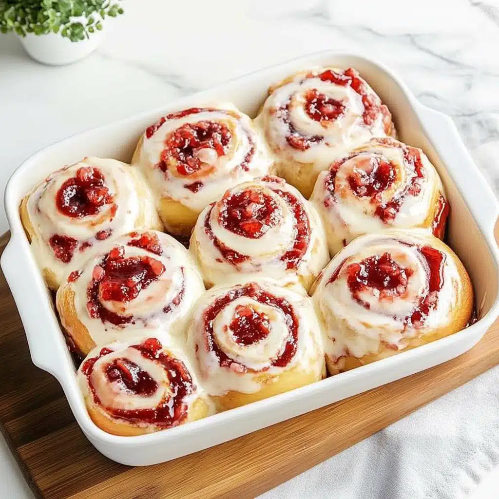 strawberry cheesecake cinnamon rolls with icing and strawberries