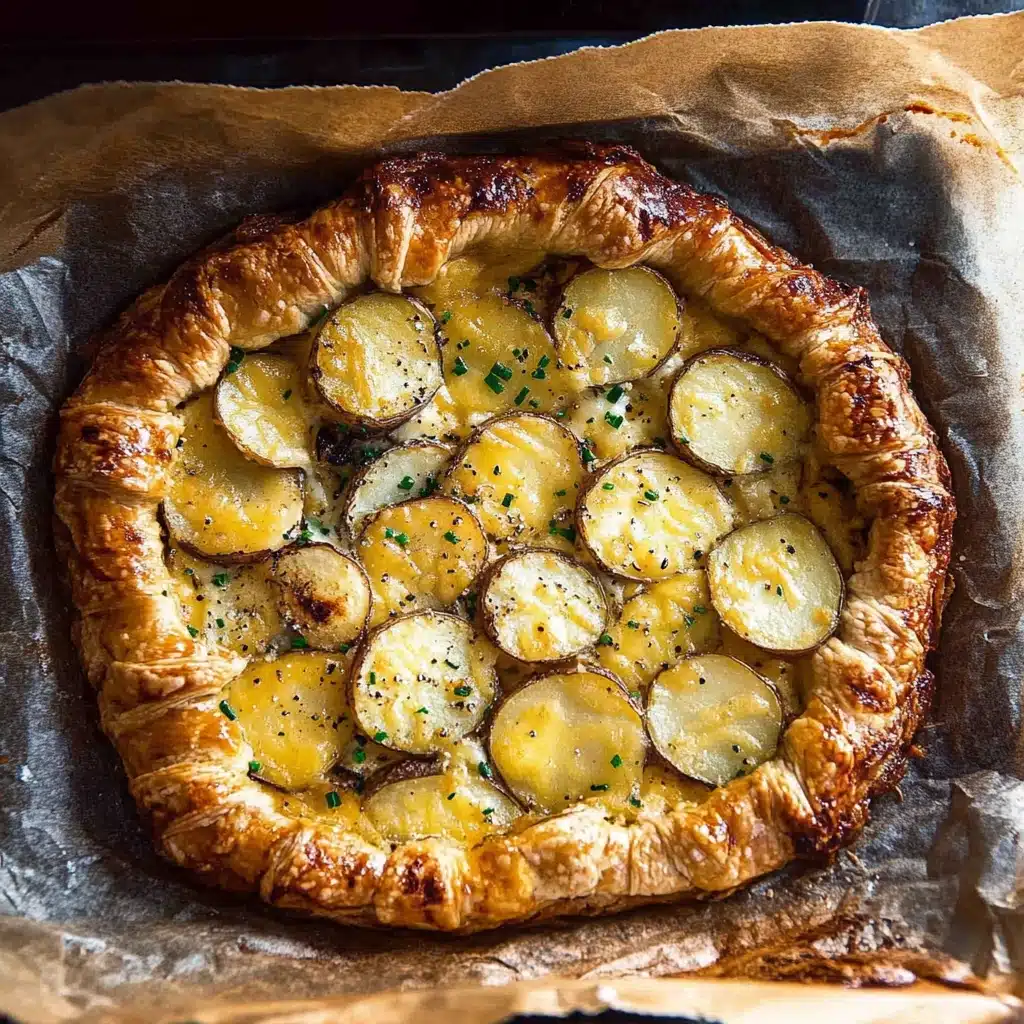 an overhead view of a pie on a marble table with other food items and sauces