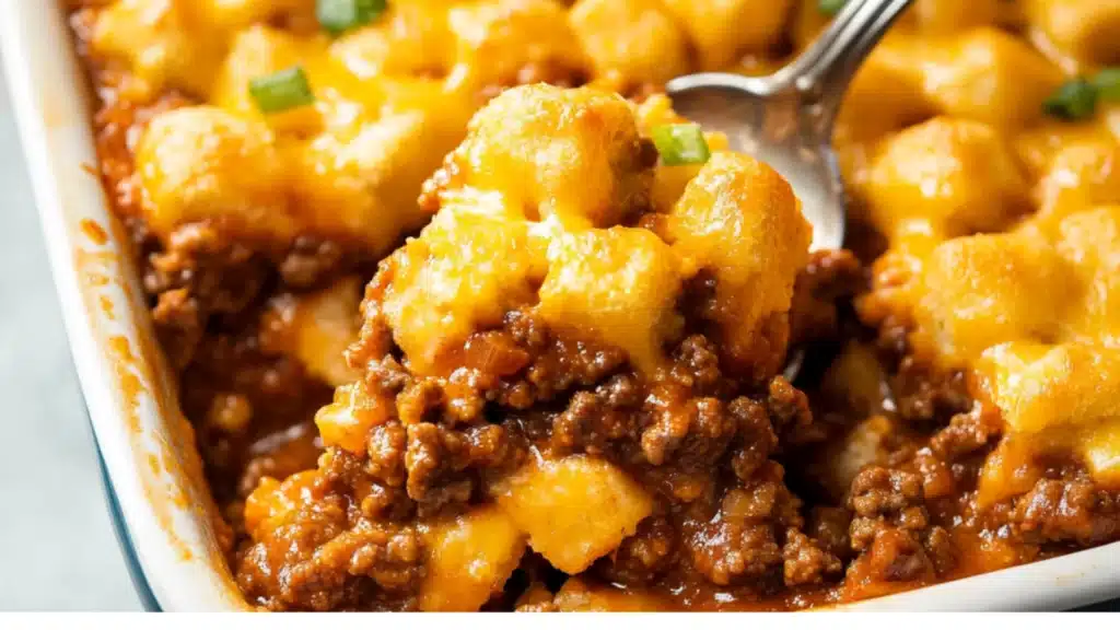 tasty sloppy joe casserole recipe is shown in two different pans, one with
