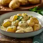 garlic sauce baby potatoes in a white bowl