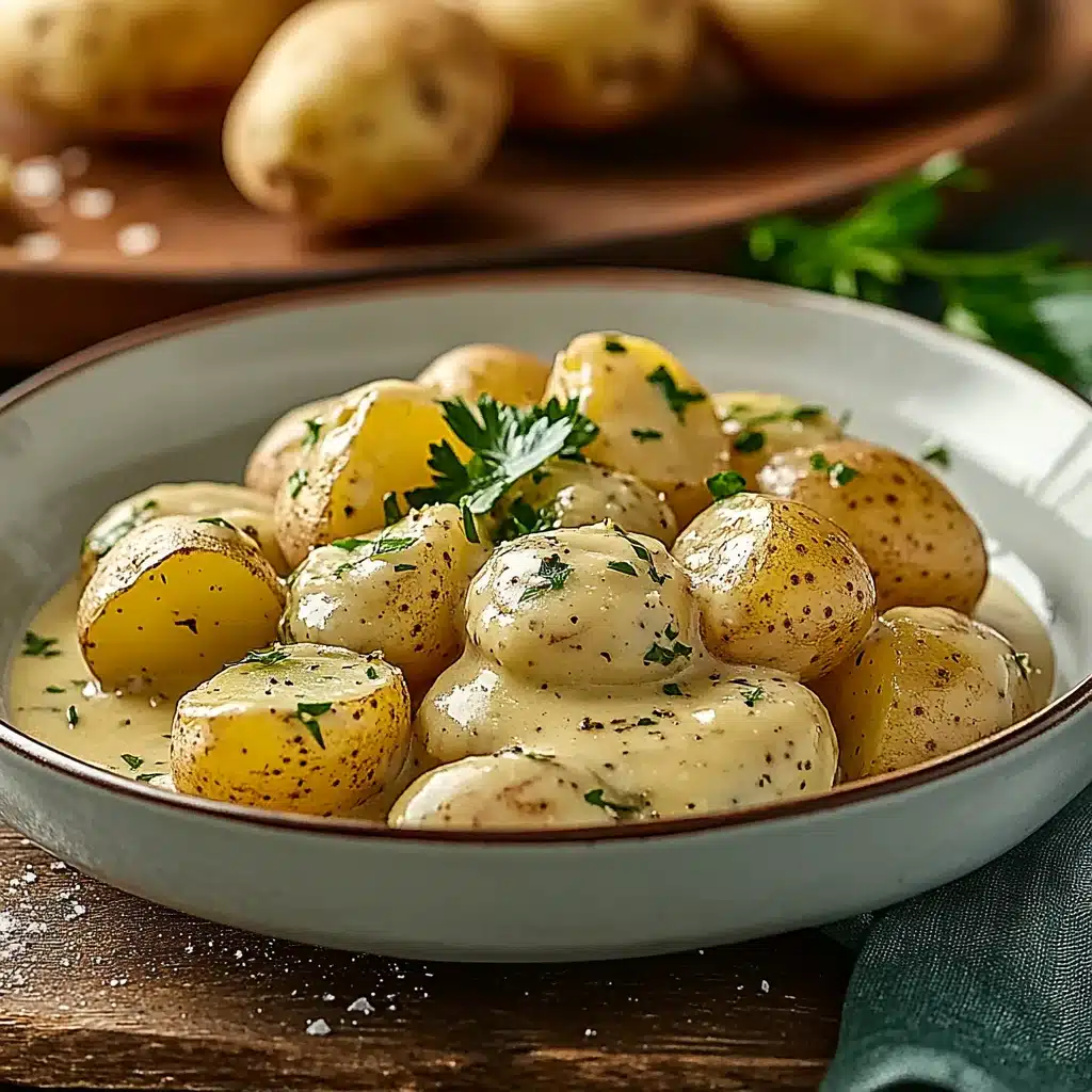 garlic sauce baby potatoes in a white bowl