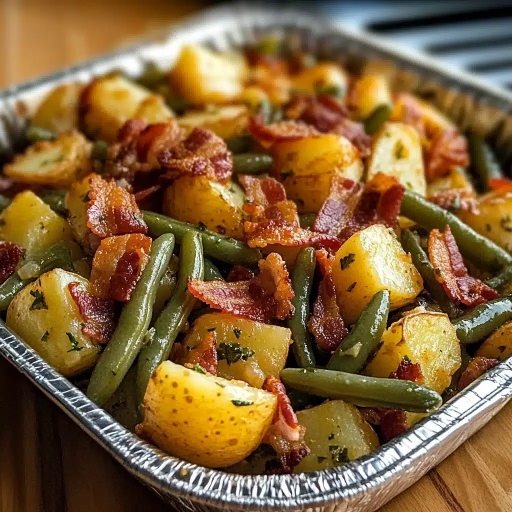 green beans and potatoes with bacon in a bowl on the side is text overlay that reads country ranch green beans and potatoes with bacon
