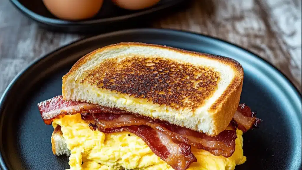 a grilled egg and bacon sandwich stacked on top of each other with parsley