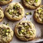 cookies with pistachio cream and chocolate chips are stacked on top of each other