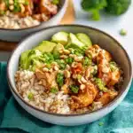 chicken and rice bowls with garlic sauce on the side are shown in this collage