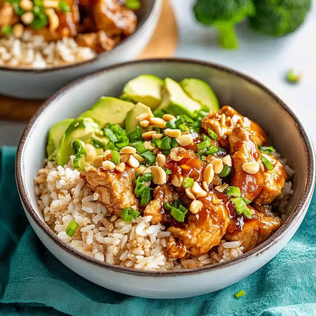 chicken and rice bowls with garlic sauce on the side are shown in this collage