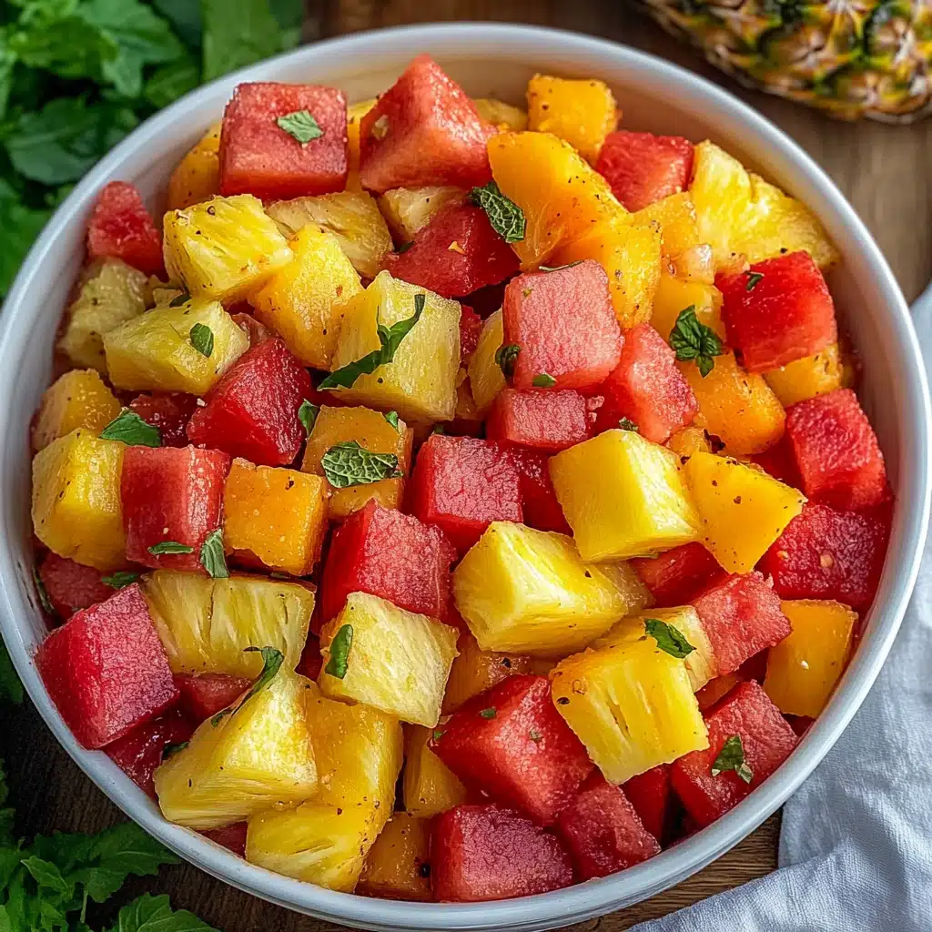 watermelon pineapple salad on a white plate