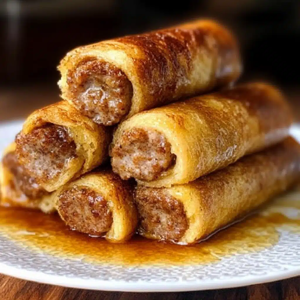 sausage french toast roll - ups on a white plate with the words sausage french toast rolls