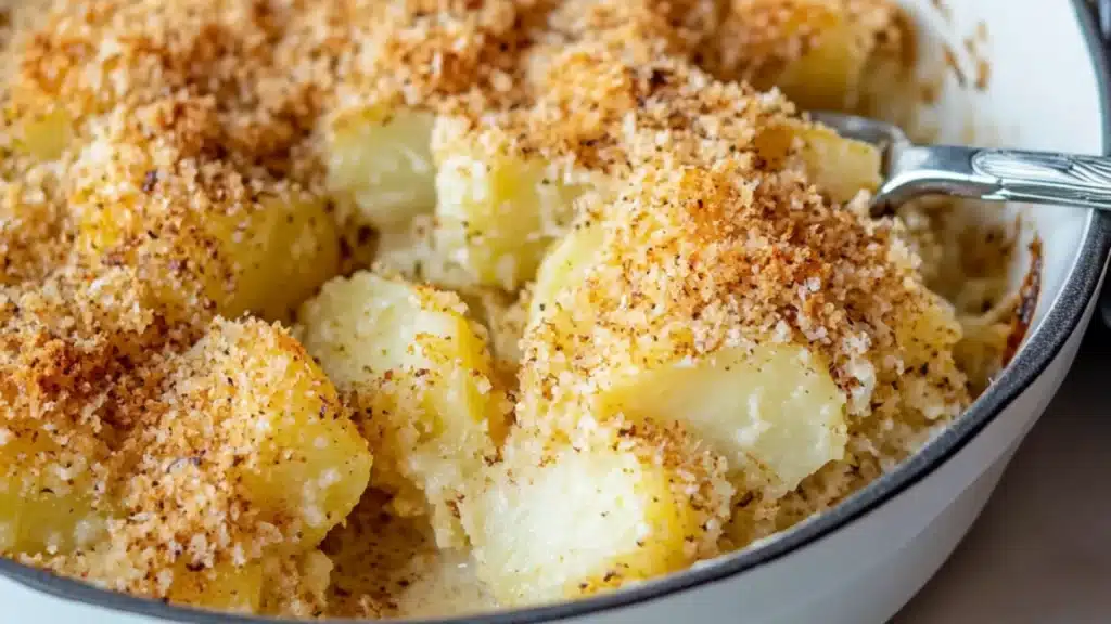 a pan filled with potatoes covered in cheese