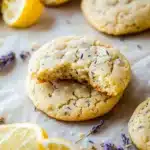lemon lavender cookies on a cutting board with the title text overlay reads, lemon lavender cookies