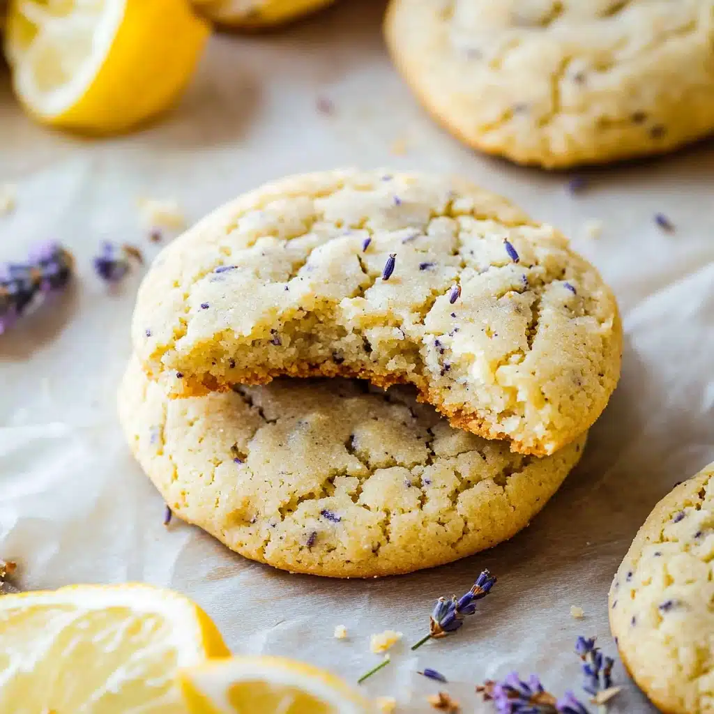 lemon lavender cookies on a cutting board with the title text overlay reads, lemon lavender cookies