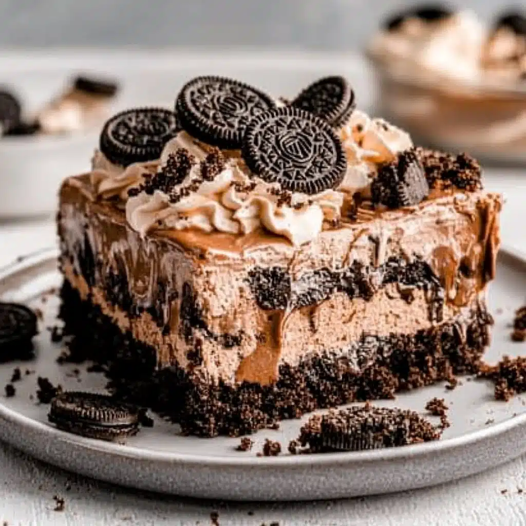 a close up of a cake on a plate with the words oreo dirt cake