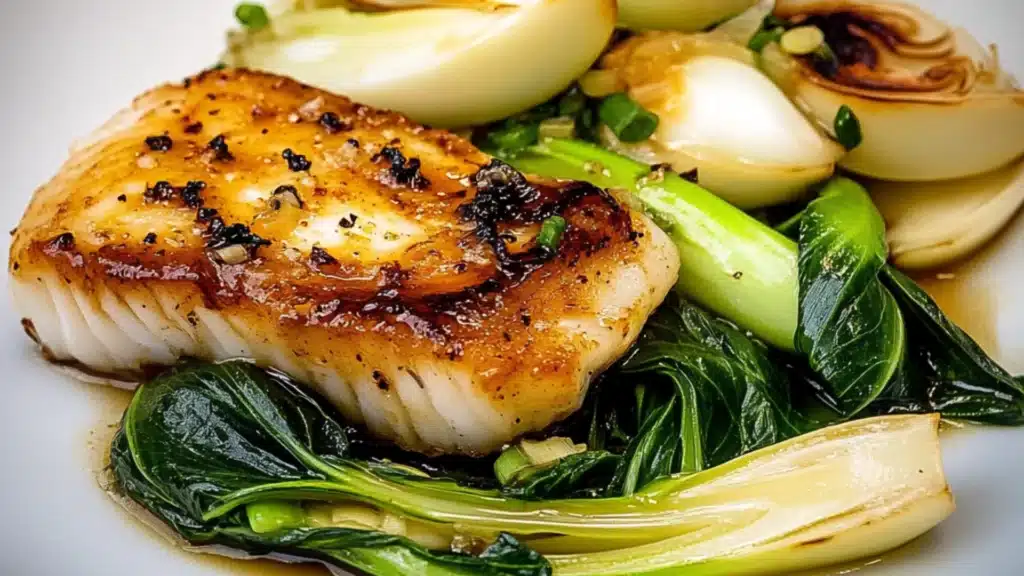 two pictures of fish with sauce and green onions