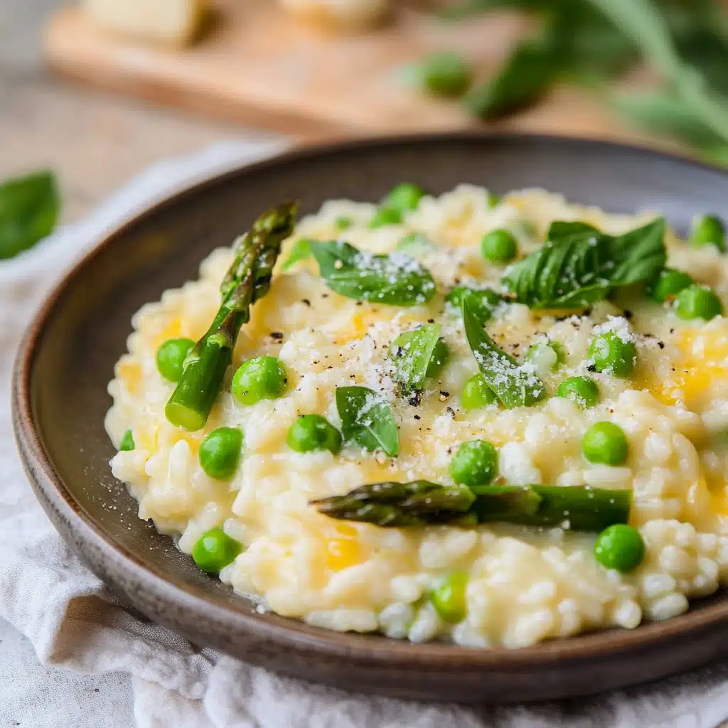 a white bowl filled with pasta and peas on top of a gray table next to a napkin