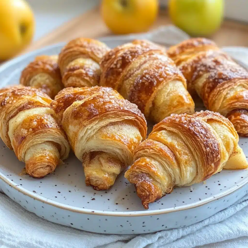 apple slices and cinnamon croissants are on a baking sheet before and after they have been baked