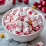 cherry cheesecake puppy chow recipe in a bowl