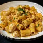 garlic butter chicken with rigatoni and parmesan pasta in a black bowl