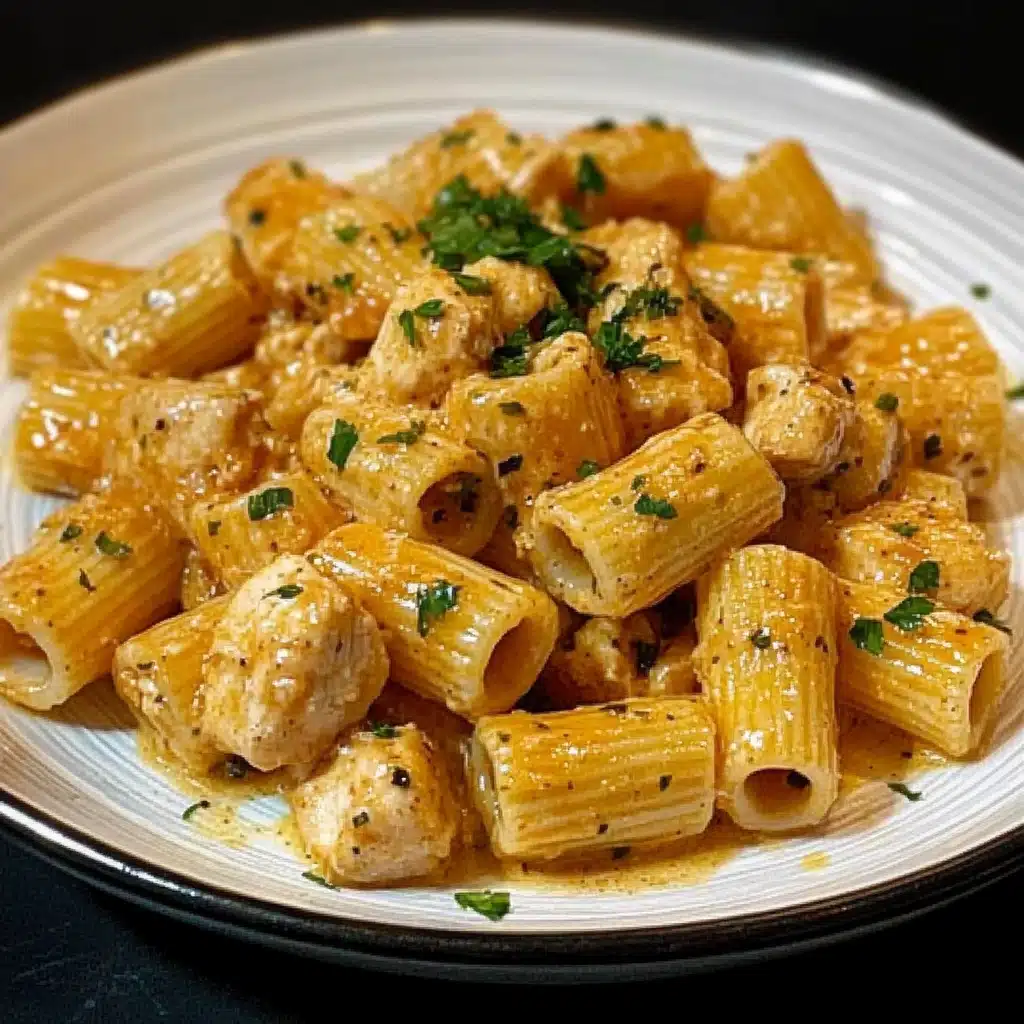 garlic butter chicken with rigatoni and parmesan pasta in a black bowl