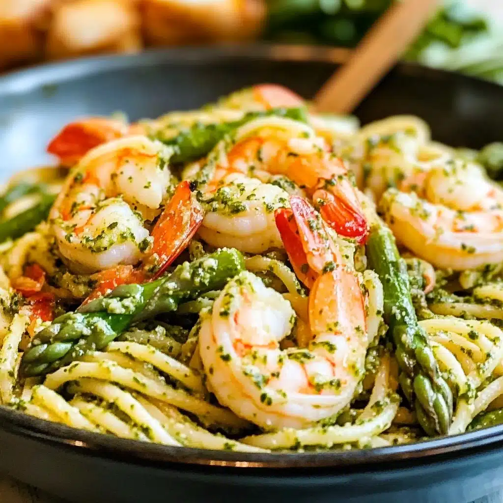 a pasta dish with shrimp, broccoli and tomatoes being stirred with a fork