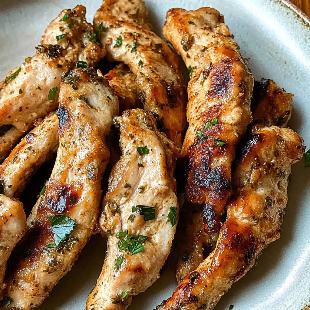 grilled chicken tenders on a white plate with lemon wedges
