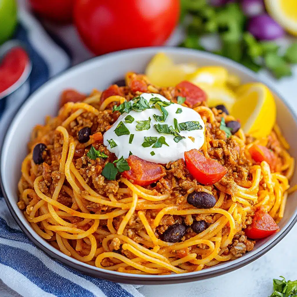 two bowls filled with taco spaghetti and topped with cheese