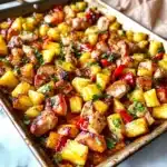 hawaiian chicken sheet pan with pineapples and peppers