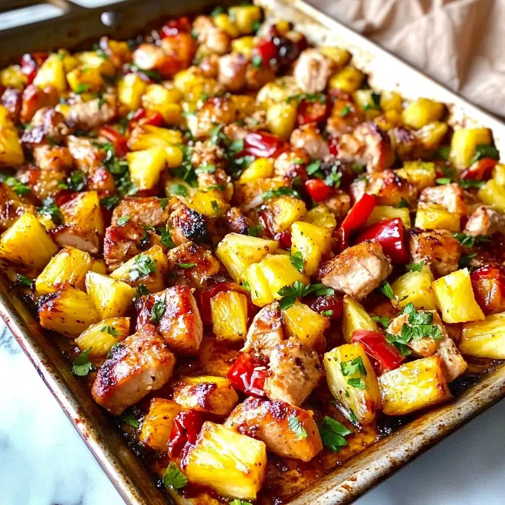 hawaiian chicken sheet pan with pineapples and peppers