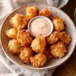 some fried food is on a plate with dipping sauces