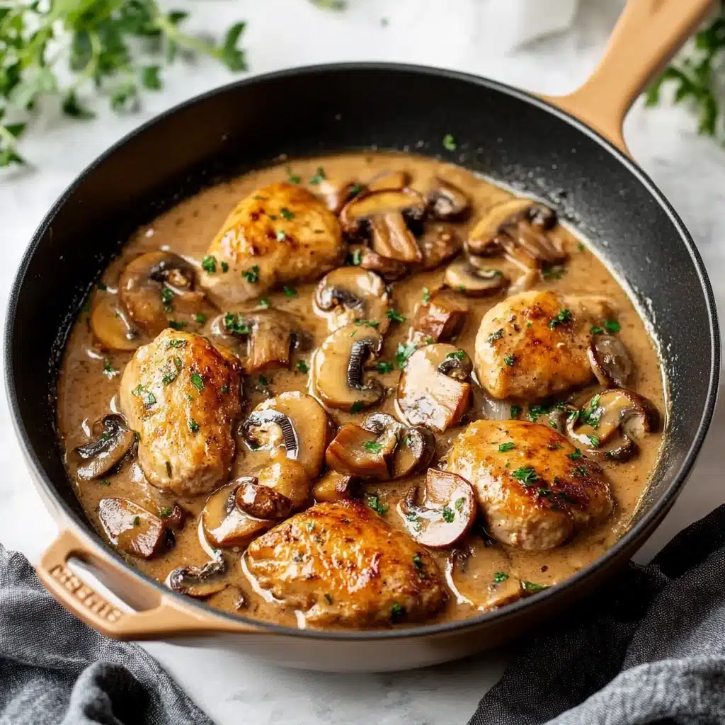 mushroom chicken with gravy in a skillet on the side and an image of mushrooms