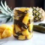 pineapple cowboy candy in a jar with mountains in the background and text overlay