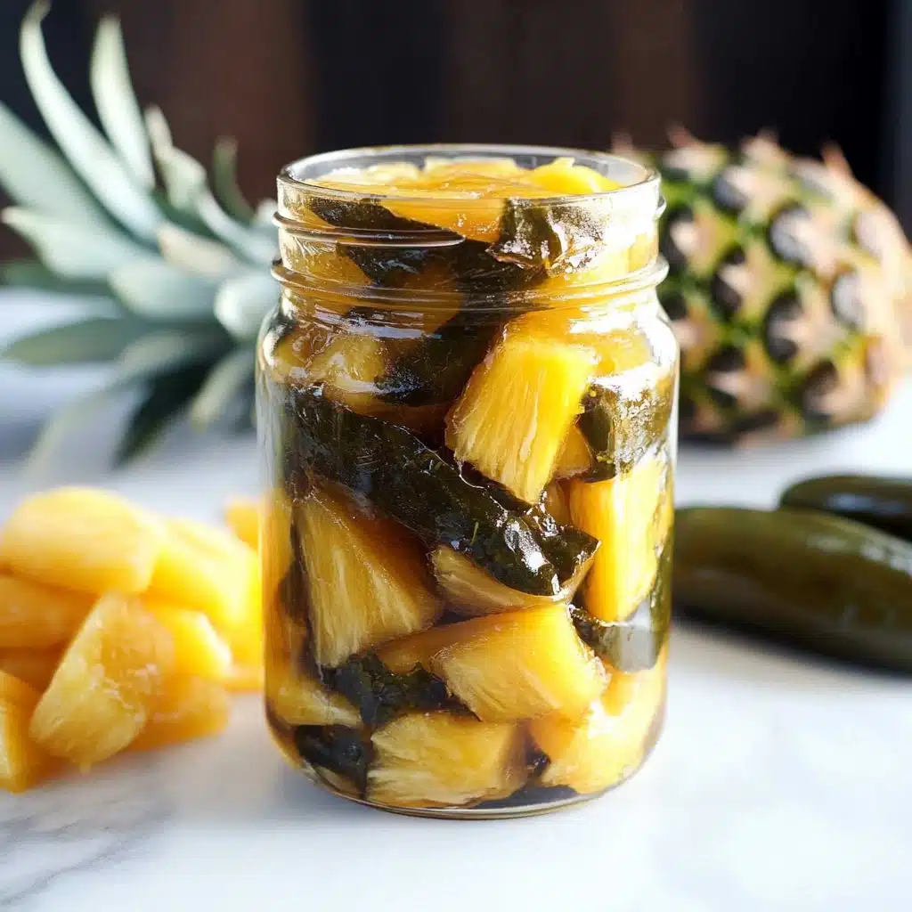 pineapple cowboy candy in a jar with mountains in the background and text overlay