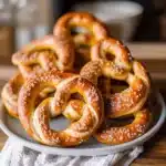 homemade soft pretzels on a wooden table