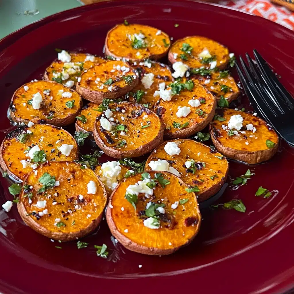roasted sweet potato rounds with honey & feta on a baking sheet and in a casserole dish