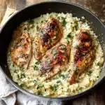 two plates filled with chicken and rice covered in creamy sauce