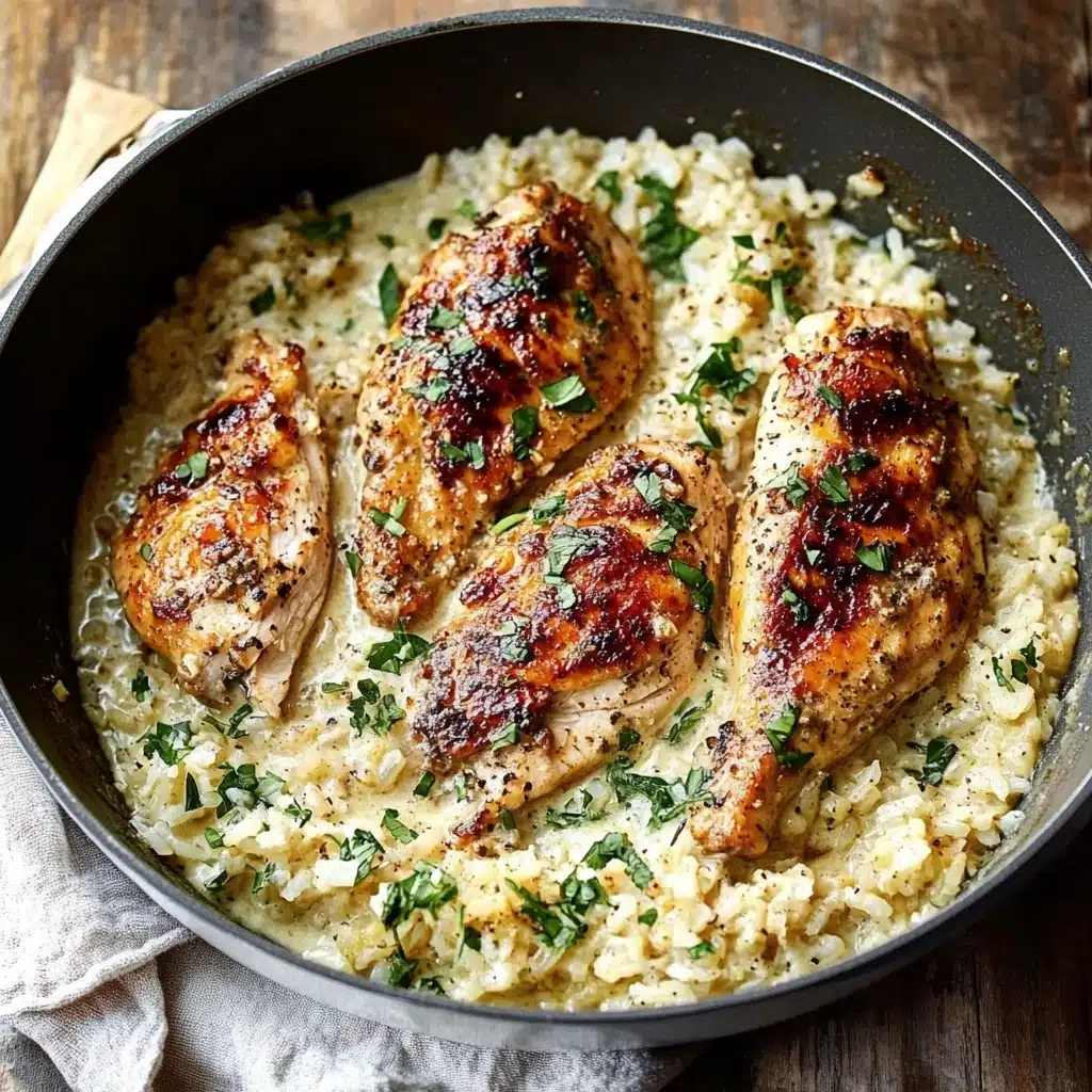 two plates filled with chicken and rice covered in creamy sauce