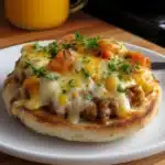 english muffin breakfast pizza recipe with eggs on top