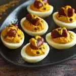 deviled eggs with hotdogs and mustard on them sitting on a black tray