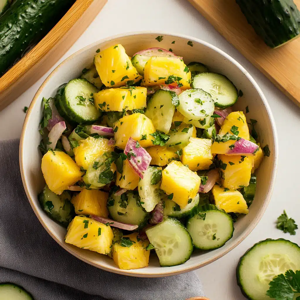 pineapple cucumber salad in two white bowls with green lettering on the side