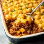 tasty sloppy joe casserole recipe is shown in two different pans, one with
