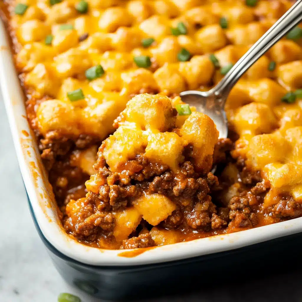 tasty sloppy joe casserole recipe is shown in two different pans, one with