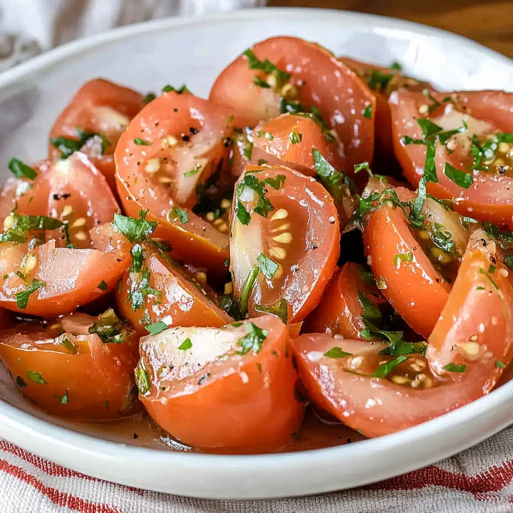a white plate topped with sliced tomatoes and herbs