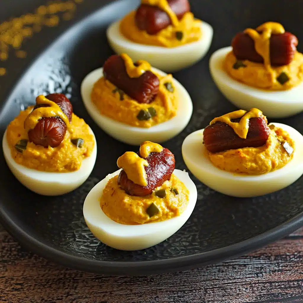 deviled eggs with hotdogs and mustard on them sitting on a black tray