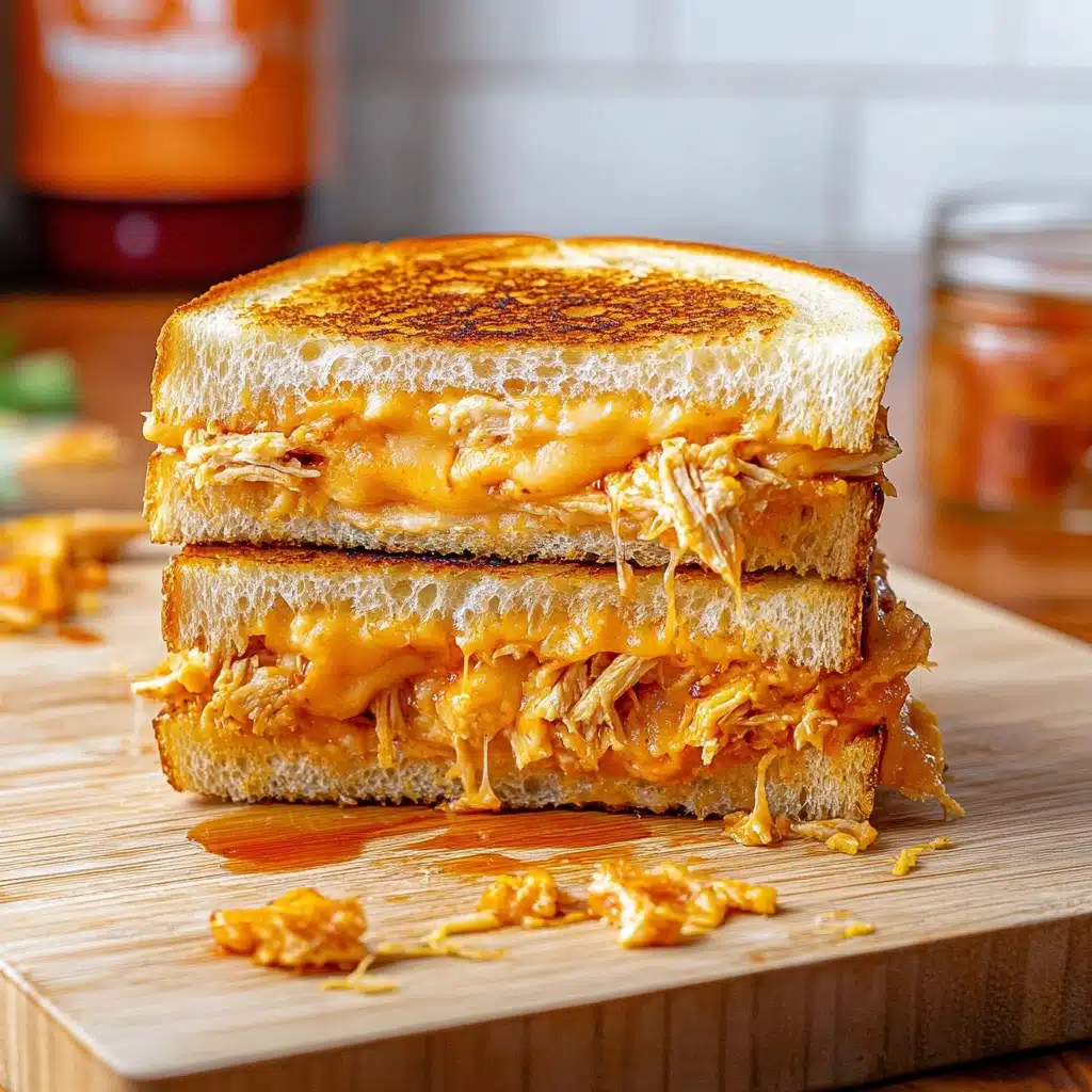 the buffalo chicken grilled cheese sandwich is cut in half and stacked on top of each other