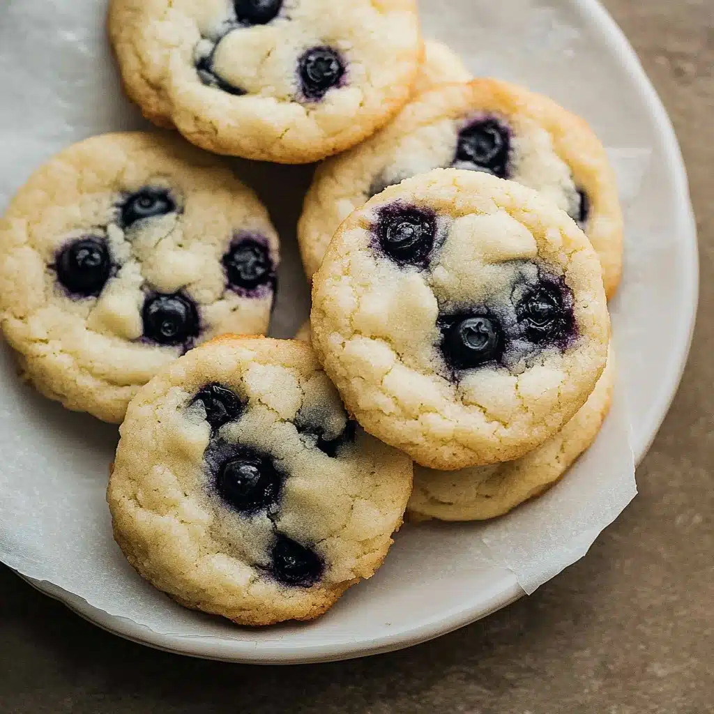 chewy lemon blueberry cookies stacked on top of each other with text overlay