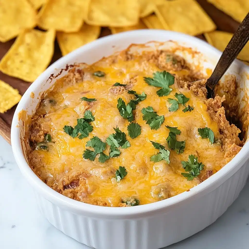 a hand holding a tortilla chip over a bowl of chili and cheese dip