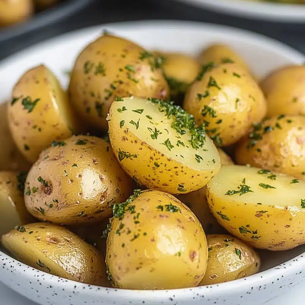 a bowl filled with baby potatoes covered in herbs