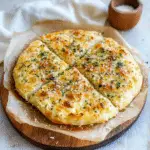 garlic parmesan focaccia bread in a casserole dish with text overlay