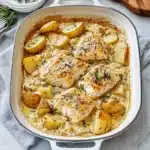two pictures of chicken and potatoes in creamy cream sauce